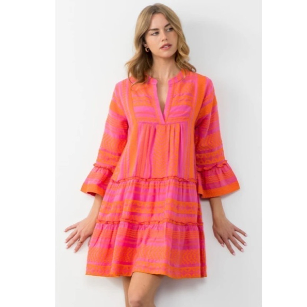 THML Dress XS Embroidered 3/4 Bell Sleeves Tiered Lined Skirt Boho Resortwear